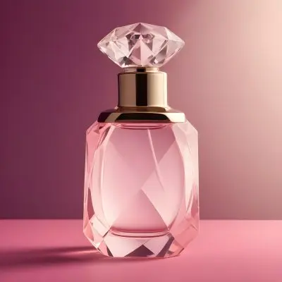 A Pink Glass Perfume Bottle With A Diamond Shaped Glass Stopper On A Pink Background 27 66d8