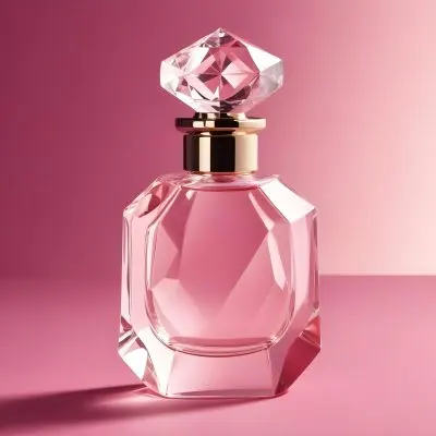A Pink Glass Perfume Bottle With A Diamond Shaped Glass Stopper On A Pink Background 3 912c