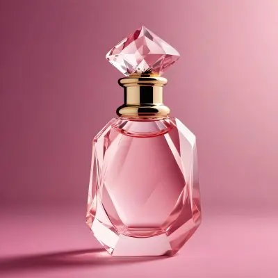 A Pink Glass Perfume Bottle With A Diamond Shaped Glass Stopper On A Pink Background 4 Afdf