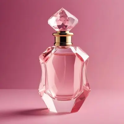 A Pink Glass Perfume Bottle With A Diamond Shaped Glass Stopper On A Pink Background 5 C3d3