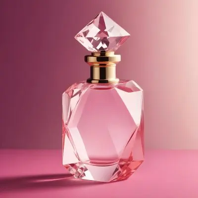 A Pink Glass Perfume Bottle With A Diamond Shaped Glass Stopper On A Pink Background 6 8319