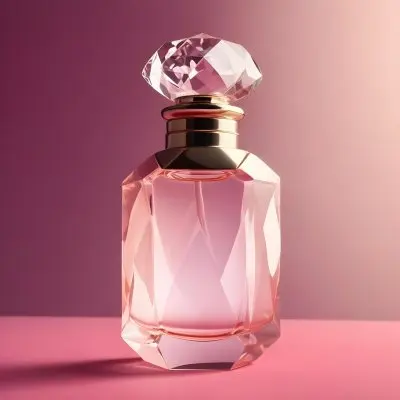 A Pink Glass Perfume Bottle With A Diamond Shaped Glass Stopper On A Pink Background 7 7605