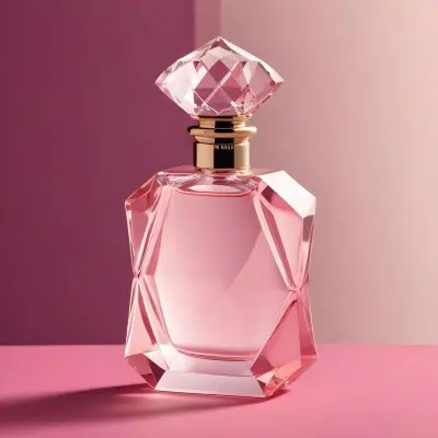 A Pink Glass Perfume Bottle With A Diamond Shaped Glass Stopper On A Pink Background 8 6e61