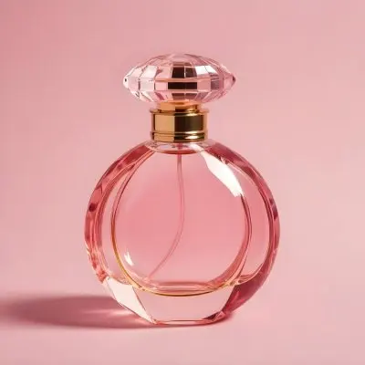 A Pink Glass Perfume Bottle With A Gold Cap Against A Pink Background 13 B4b1