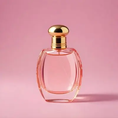 A Pink Glass Perfume Bottle With A Gold Cap Against A Pink Background 2 2147