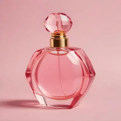 A Pink Glass Perfume Bottle With A Gold Cap Against A Pink Background 24 1244