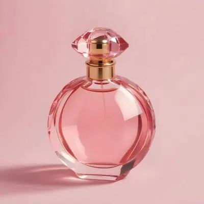A Pink Glass Perfume Bottle With A Gold Cap Against A Pink Background 27 7f3a