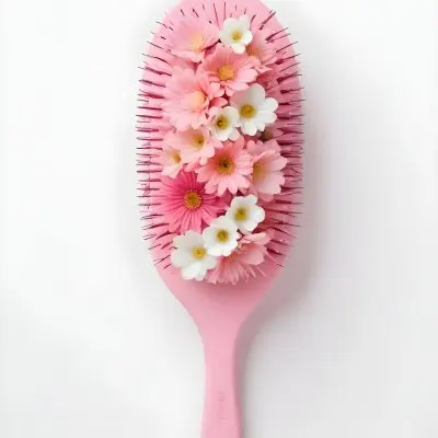 A Pink Hairbrush With Pink And White Flowers Arranged On It Against A White Background 1 00cd