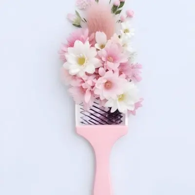 A Pink Hairbrush With Pink And White Flowers Arranged On It Against A White Background 11 363f