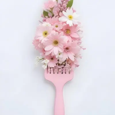 A Pink Hairbrush With Pink And White Flowers Arranged On It Against A White Background 12 C7d3
