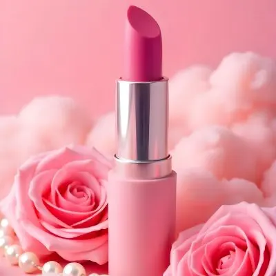 A Pink Lipstick In A Pink Tube Surrounded By Pink Roses And Pearls With A Background Of Pink Clouds 16 25bf