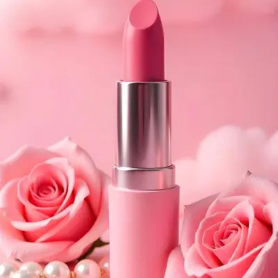 A Pink Lipstick In A Pink Tube Surrounded By Pink Roses And Pearls With A Background Of Pink Clouds 22 B049