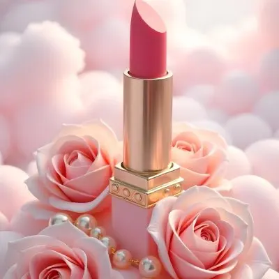 A Pink Lipstick In A Pink Tube Surrounded By Pink Roses And Pearls With A Background Of Pink Clouds 29 A83a