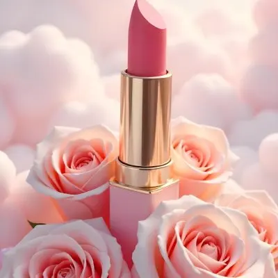 A Pink Lipstick In A Pink Tube Surrounded By Pink Roses And Pearls With A Background Of Pink Clouds 31 0923