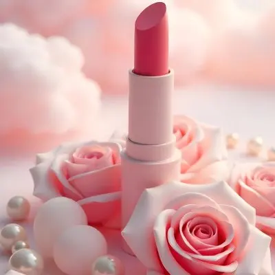 A Pink Lipstick In A Pink Tube Surrounded By Pink Roses And Pearls With A Background Of Pink Clouds 37 3894