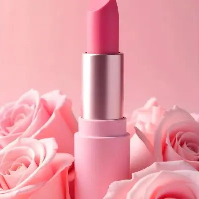 A Pink Lipstick In A Pink Tube Surrounded By Pink Roses And Pearls With A Background Of Pink Clouds 38 969d
