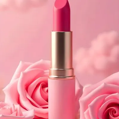 A Pink Lipstick In A Pink Tube Surrounded By Pink Roses And Pearls With A Background Of Pink Clouds 5 B379