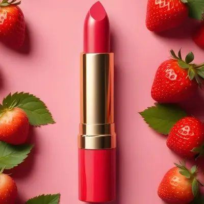 A Pink Lipstick With A Golden Tip Surrounded By Fresh Strawberries With Red Leaves Red Background 3 862f