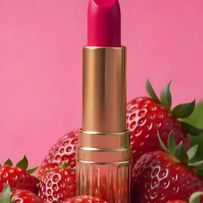 A Pink Lipstick With A Golden Tip Surrounded By Fresh Strawberries With Red Leaves Red Background 34 4034