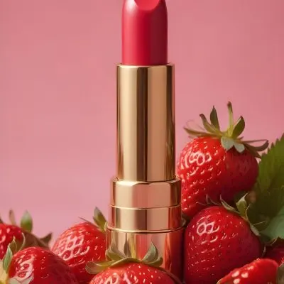 A Pink Lipstick With A Golden Tip Surrounded By Fresh Strawberries With Red Leaves Red Background 39 3fc6