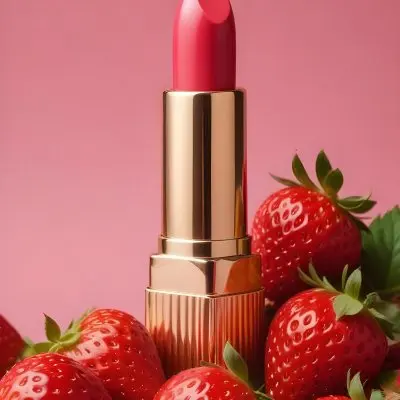 A Pink Lipstick With A Golden Tip Surrounded By Fresh Strawberries With Red Leaves Red Background 43 9dd6