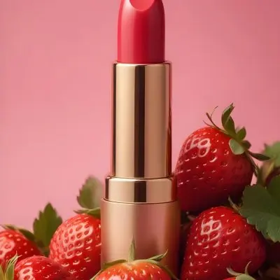 A Pink Lipstick With A Golden Tip Surrounded By Fresh Strawberries With Red Leaves Red Background 44 Aea6
