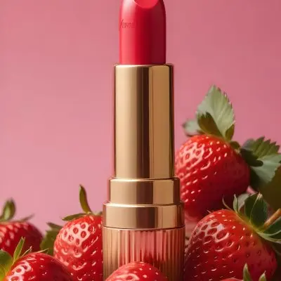 A Pink Lipstick With A Golden Tip Surrounded By Fresh Strawberries With Red Leaves Red Background 48 Dd46