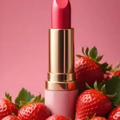 A Pink Lipstick With A Golden Tip Surrounded By Fresh Strawberries With Red Leaves Red Background 55 F78d