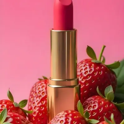 A Pink Lipstick With A Golden Tip Surrounded By Fresh Strawberries With Red Leaves Red Background 56 06df
