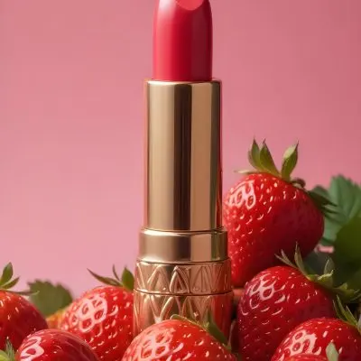 A Pink Lipstick With A Golden Tip Surrounded By Fresh Strawberries With Red Leaves Red Background 58 A309