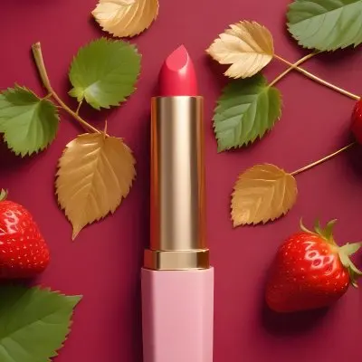 A Pink Lipstick With A Golden Tip Surrounded By Fresh Strawberries With Red Leaves Red Background 61 E86b