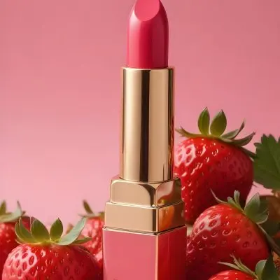 A Pink Lipstick With A Golden Tip Surrounded By Fresh Strawberries With Red Leaves Red Background 7 3fd8