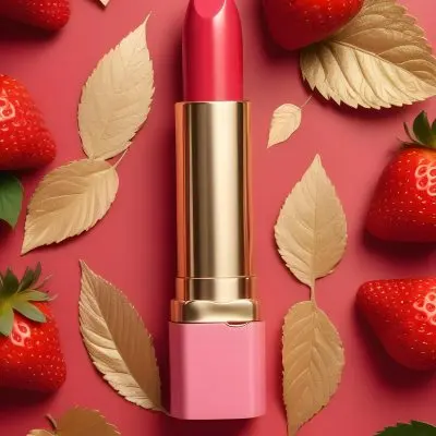 A Pink Lipstick With A Golden Tip Surrounded By Fresh Strawberries With Red Leaves Red Background 9 2318
