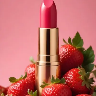 A Pink Lipstick With A Golden Tip Surrounded By Fresh Strawberries With Red Leaves Red Background 90 E938