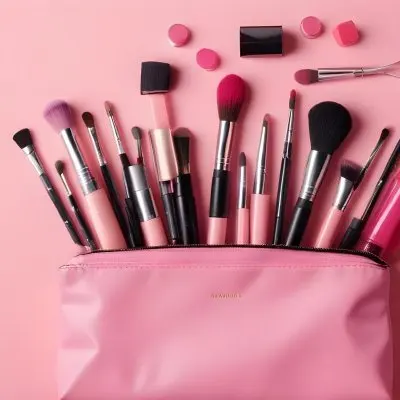 A Pink Makeup Bag With Makeup Brushes Lipstick Nail Polish And Other Beauty Products On A Pink Background 11 E575