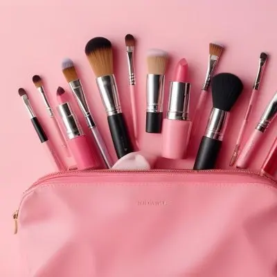 A Pink Makeup Bag With Makeup Brushes Lipstick Nail Polish And Other Beauty Products On A Pink Background 12 28c5