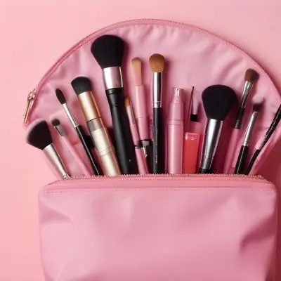 A Pink Makeup Bag With Makeup Brushes Lipstick Nail Polish And Other Beauty Products On A Pink Background 13 F0cb