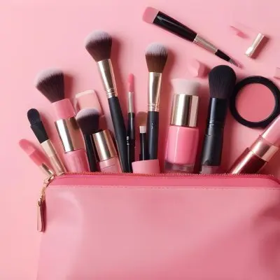 A Pink Makeup Bag With Makeup Brushes Lipstick Nail Polish And Other Beauty Products On A Pink Background 14 E916