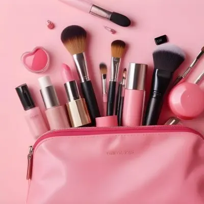 A Pink Makeup Bag With Makeup Brushes Lipstick Nail Polish And Other Beauty Products On A Pink Background 16 A849