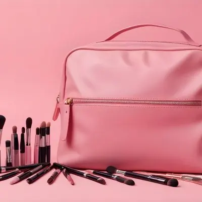 A Pink Makeup Bag With Makeup Brushes Lipstick Nail Polish And Other Beauty Products On A Pink Background 22 D356