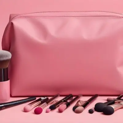 A Pink Makeup Bag With Makeup Brushes Lipstick Nail Polish And Other Beauty Products On A Pink Background 25 5107