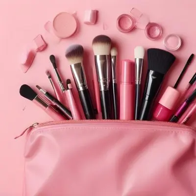 A Pink Makeup Bag With Makeup Brushes Lipstick Nail Polish And Other Beauty Products On A Pink Background 3 3066