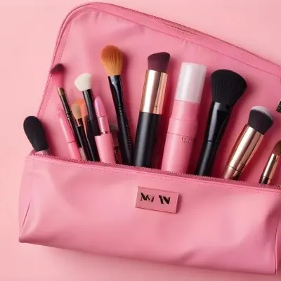 A Pink Makeup Bag With Makeup Brushes Lipstick Nail Polish And Other Beauty Products On A Pink Background 5 Ac0f
