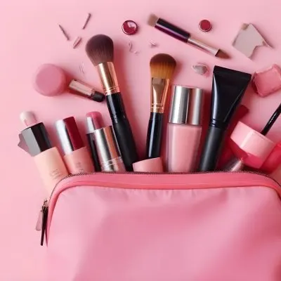 A Pink Makeup Bag With Makeup Brushes Lipstick Nail Polish And Other Beauty Products On A Pink Background 8 332e