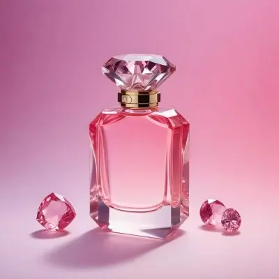 A Pink Perfume Bottle With A Diamond Cap Accompanied By Three Pink Gems Set Against A Gradient Pink Background 15 81cc
