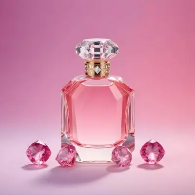 A Pink Perfume Bottle With A Diamond Cap Accompanied By Three Pink Gems Set Against A Gradient Pink Background 2 4540