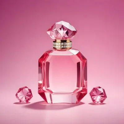 A Pink Perfume Bottle With A Diamond Cap Accompanied By Three Pink Gems Set Against A Gradient Pink Background 21 5f2c