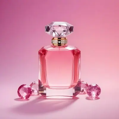 A Pink Perfume Bottle With A Diamond Cap Accompanied By Three Pink Gems Set Against A Gradient Pink Background 22 1bf8
