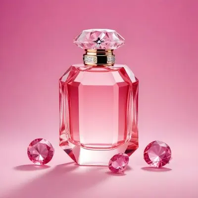 A Pink Perfume Bottle With A Diamond Cap Accompanied By Three Pink Gems Set Against A Gradient Pink Background 3 B6e4