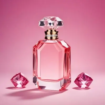 A Pink Perfume Bottle With A Diamond Cap Accompanied By Three Pink Gems Set Against A Gradient Pink Background 34 C026